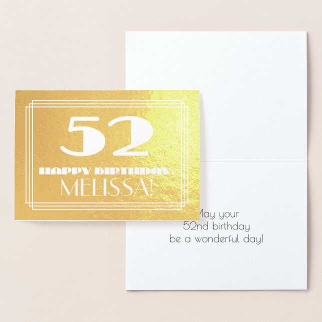 52nd Birthday: Name + Art Deco Inspired Look "52" Foil Card (Display)