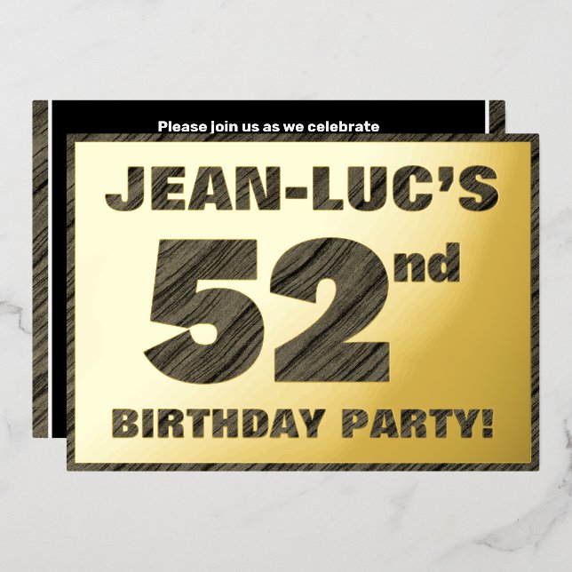 52nd Birthday Party — Bold, Faux Wood Grain Text (Front/Back)