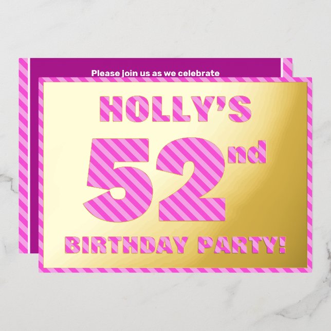 52nd Birthday Party — Bold, Fun, Pink Stripes # 52 (Front/Back)