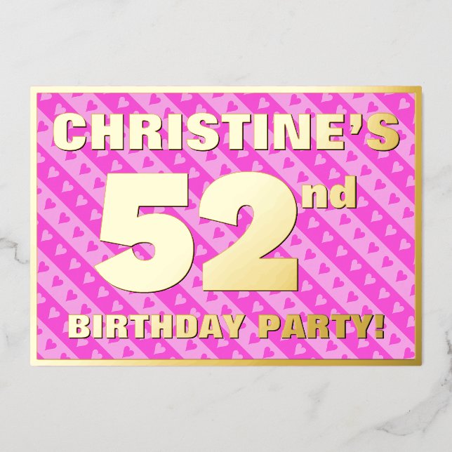 52nd Birthday Party — Fun Pink Hearts and Stripes (Front)