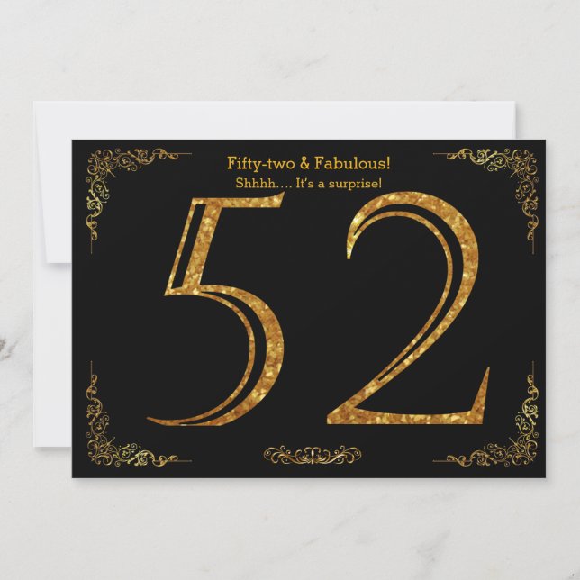 52nd Birthday party,Gatsby styl,black gold glitter Invitation (Front)