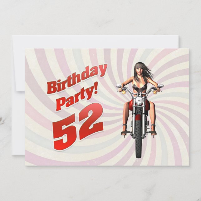 52nd birthday party with a girl on a motorbike invitation (Front)