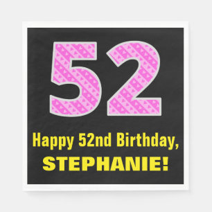 52nd Birthday: Pink Stripes and Hearts "52" + Name Napkin