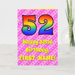 52nd Birthday: Pink Stripes & Hearts, Rainbow # 52 Card