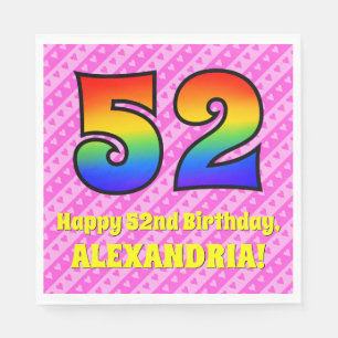 52nd Birthday: Pink Stripes & Hearts, Rainbow # 52 Napkin