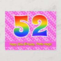 52nd Birthday: Pink Stripes & Hearts, Rainbow 52