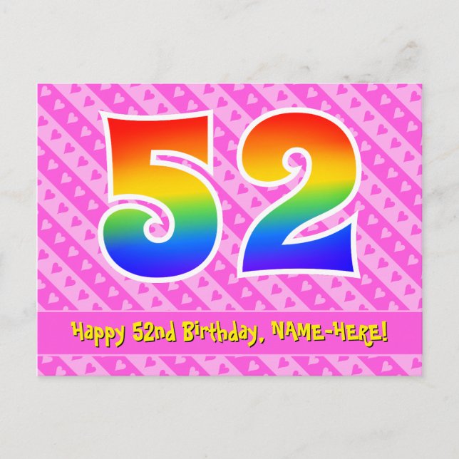 52nd Birthday: Pink Stripes & Hearts, Rainbow 52 Postcard (Front)