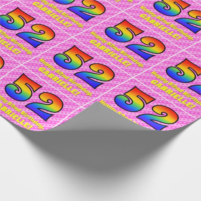 52nd Birthday: Pink Stripes & Hearts, Rainbow # 52 Wrapping Paper (Corner)