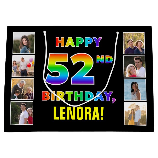 52nd Birthday: Rainbow Text, Custom Photos & Name Large Gift Bag (Front)