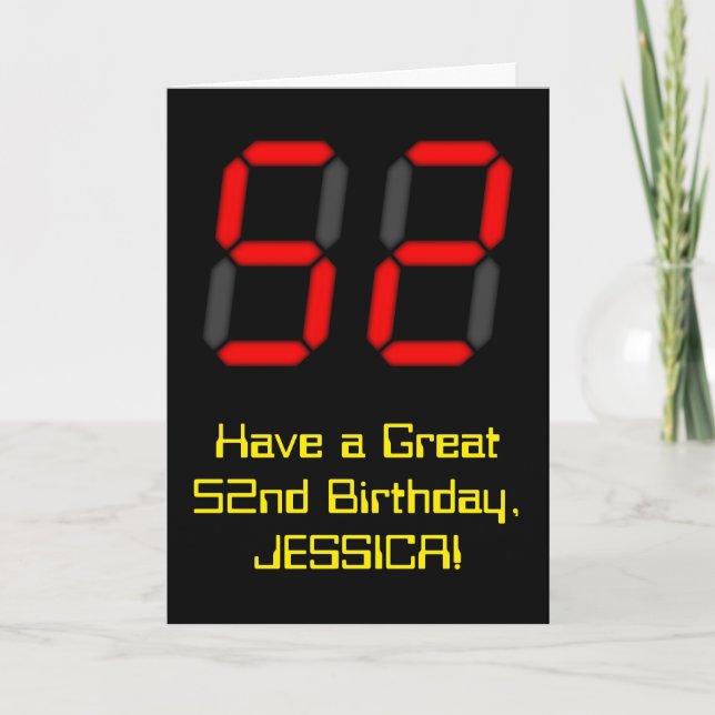 52nd Birthday: Red Digital Clock Style "52" + Name Card (Front)