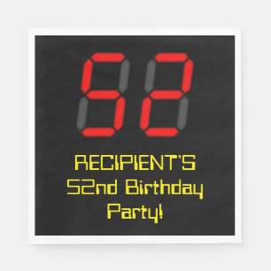 52nd Birthday: Red Digital Clock Style "52" + Name Napkin