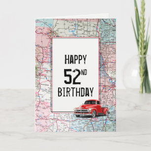 52nd Birthday Red Retro Truck on Map Card