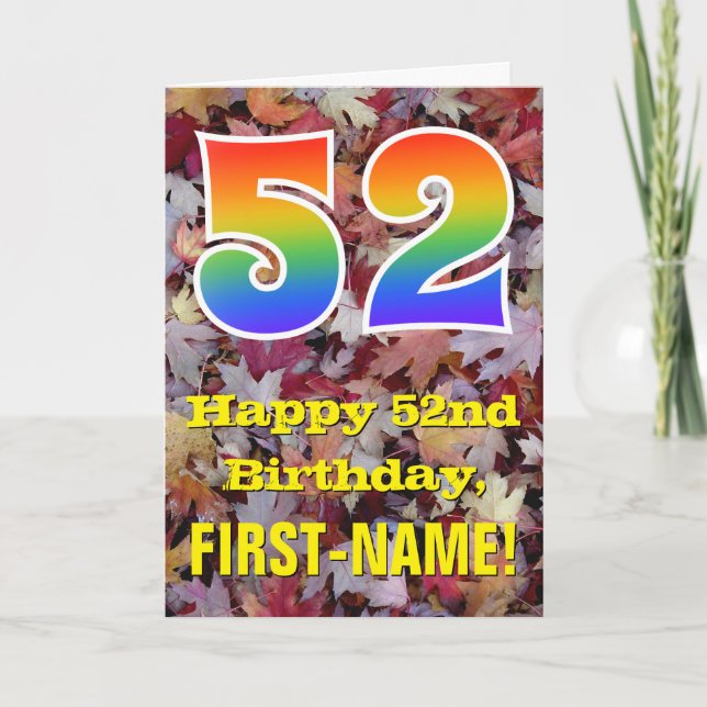 52nd Birthday; Rustic Autumn Leaves; Rainbow "52" Card (Front)