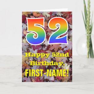 52nd Birthday; Rustic Autumn Leaves; Rainbow "52" Card