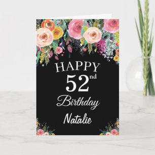 52nd Birthday Watercolor Floral Flowers Black Card