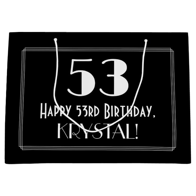 53rd Birthday: Art Deco Inspired Style "53", Name Large Gift Bag (Front)