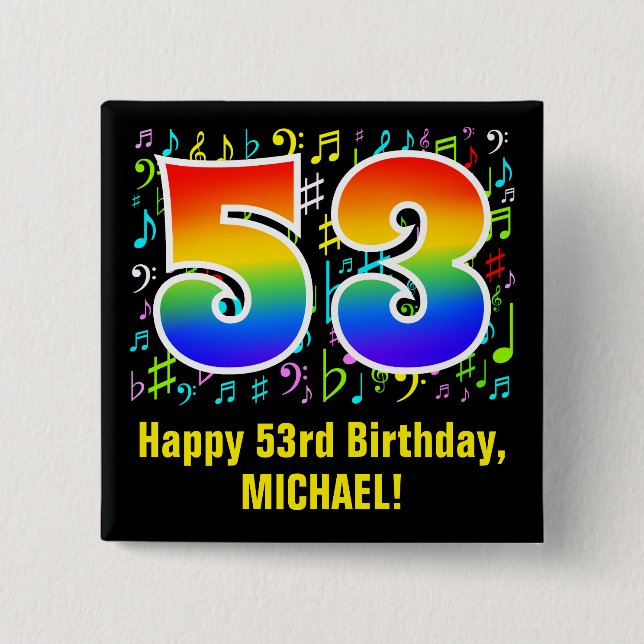 53rd Birthday: Colourful Music Symbols, Rainbow 53 15 Cm Square Badge (Front)