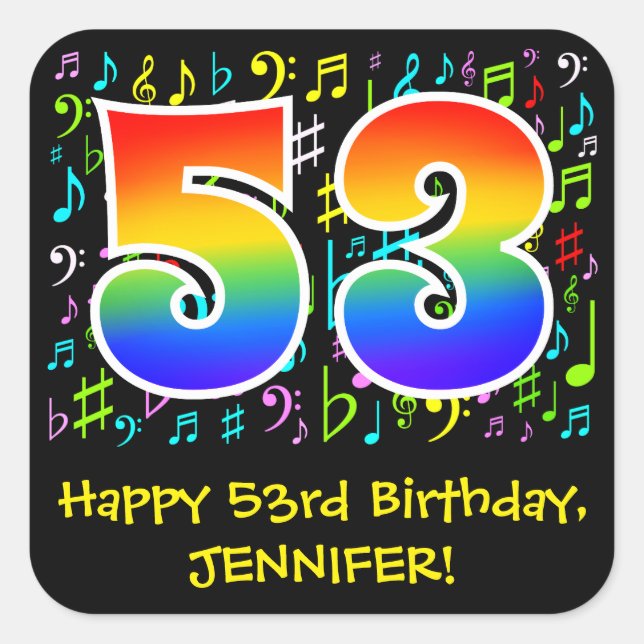 53rd Birthday: Colourful Music Symbols, Rainbow 53 Square Sticker (Front)