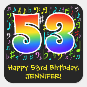 53rd Birthday: Colourful Music Symbols, Rainbow 53 Square Sticker