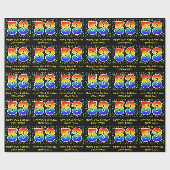 53rd Birthday: Colourful Music Symbols, Rainbow 53 Wrapping Paper (Flat)