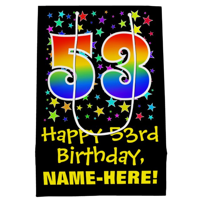 53rd Birthday: Colourful Stars Pattern & Rainbow 5 Medium Gift Bag (Back)