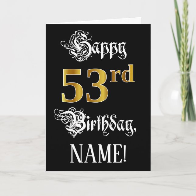 53rd Birthday — Fancy Script; Faux Gold Look; Name Card (Front)