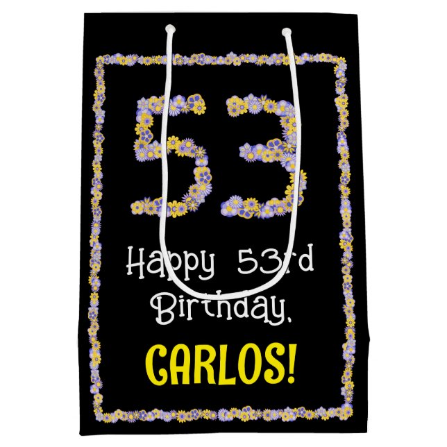 53rd Birthday: Floral Flowers Number, Custom Name Medium Gift Bag (Back)