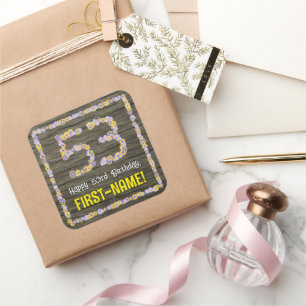 53rd Birthday: Floral Number, Faux Wood Look, Name Square Sticker