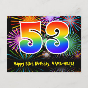53rd Birthday – Fun Fireworks Pattern + Rainbow 53 Postcard