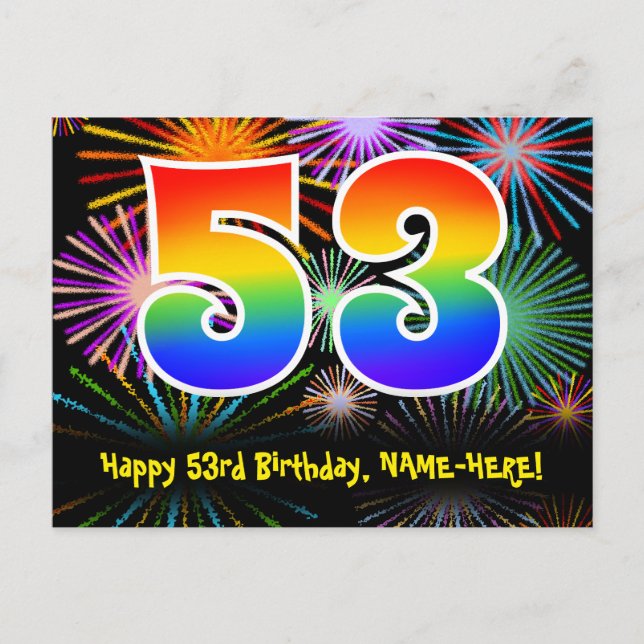53rd Birthday – Fun Fireworks Pattern + Rainbow 53 Postcard (Front)