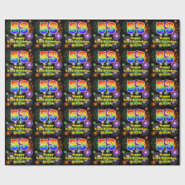 53rd Birthday: Fun Fireworks, Rainbow Look # “53” Wrapping Paper (Flat)