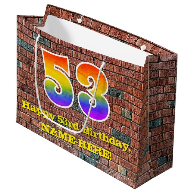 53rd Birthday: Fun, Graffiti-Inspired Rainbow # 53 Large Gift Bag (Front Angled)