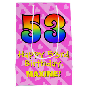 53rd Birthday: Fun Pink Hearts Stripes; Rainbow 53 Medium Gift Bag
