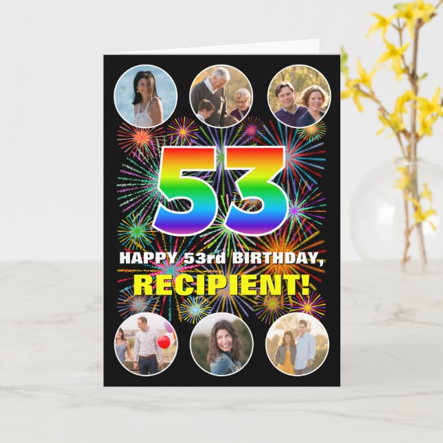 53rd Birthday: Fun Rainbow #, Custom Name & Photos Card (Yellow Flower)