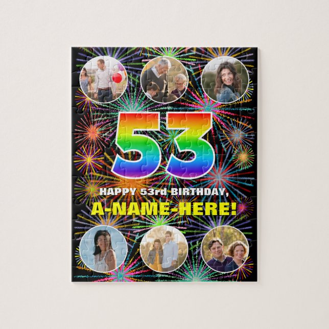 53rd Birthday: Fun Rainbow #, Custom Name + Photos Jigsaw Puzzle (Vertical)