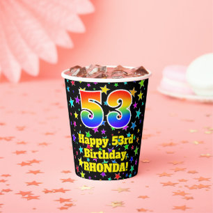 53rd Birthday: Fun Stars Pattern and Rainbow 53 Paper Cups