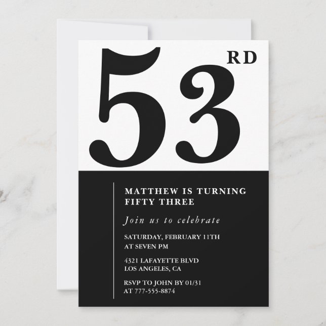 53rd birthday invitations Black and White Elegant (Front)