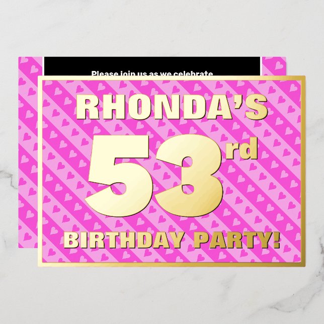 53rd Birthday Party — Fun Pink Hearts and Stripes (Front/Back)