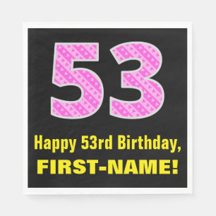 53rd Birthday: Pink Stripes and Hearts "53" + Name Napkin