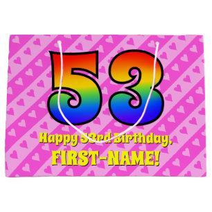 53rd Birthday: Pink Stripes & Hearts, Rainbow # 53 Large Gift Bag