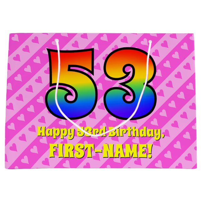 53rd Birthday: Pink Stripes & Hearts, Rainbow # 53 Large Gift Bag (Front)