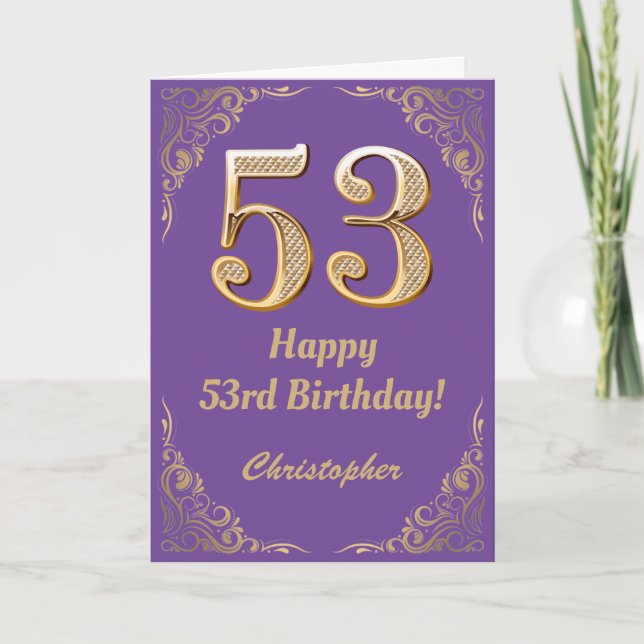 53rd Birthday Purple and Gold Glitter Frame Card (Front)