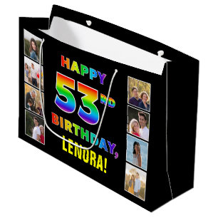 53rd Birthday: Rainbow Text, Custom Photos & Name Large Gift Bag