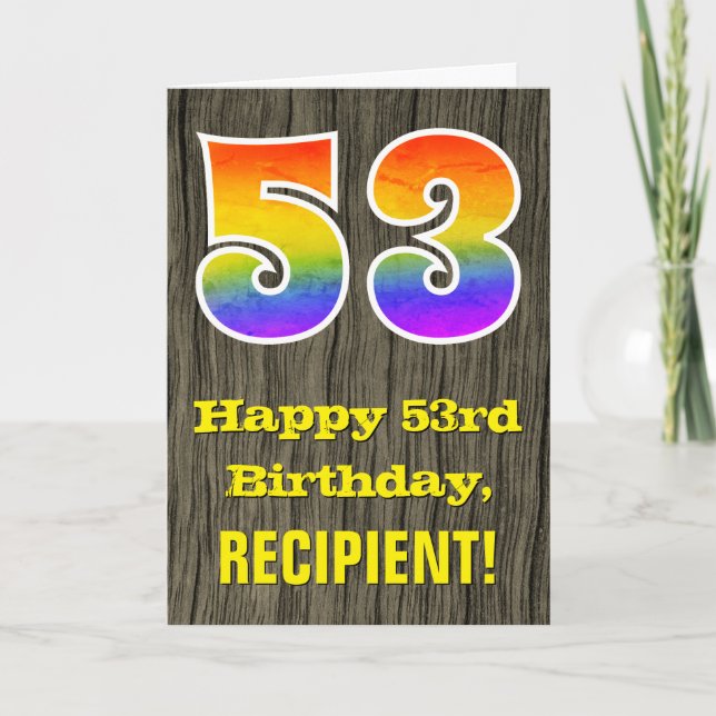 53rd Birthday: Rustic Faux Wood Look, Rainbow "53" Card (Front)