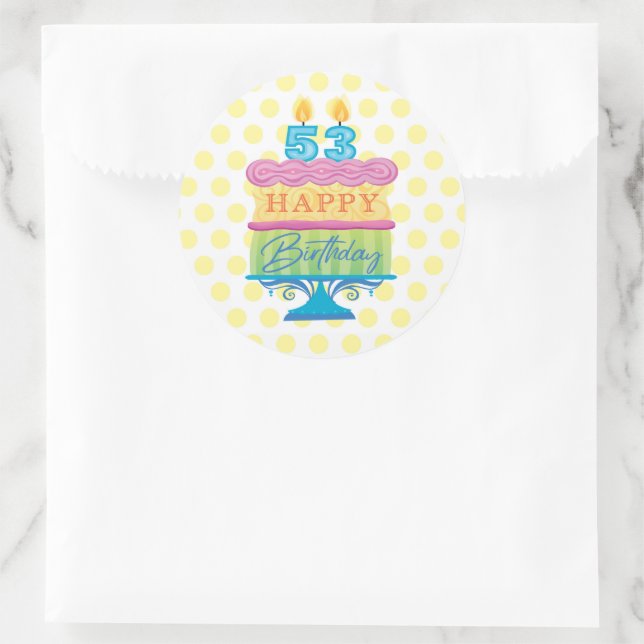 53rd Happy Birthday Cake Yellow Dots Classic Round Sticker (Bag)
