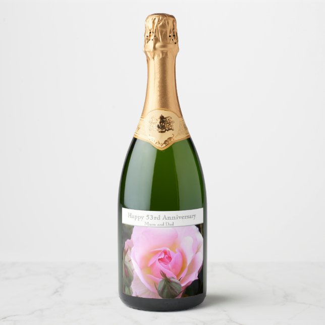 53rd Wedding Anniversary Pink Rose  Sparkling Wine Label (Front)