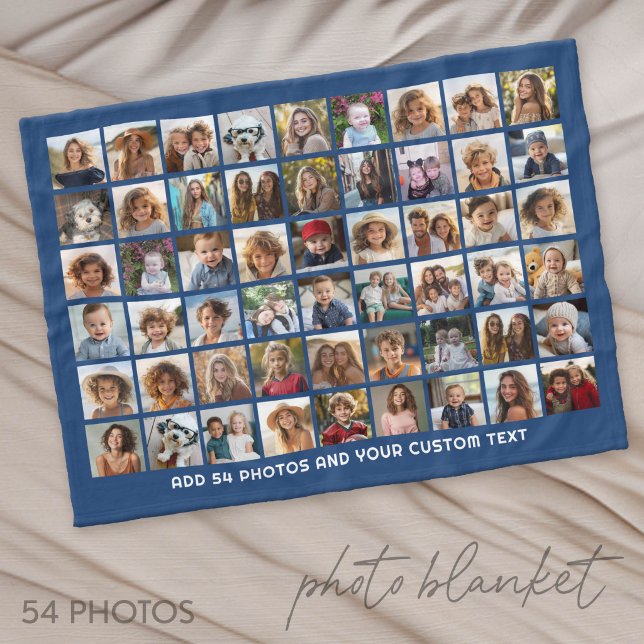 54 Square Photo Collage Grid with Text - black Fleece Blanket (Photo Blanket - Custom Pictures in a Collage)