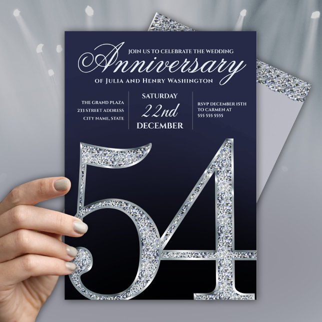 54th Anniversary Diamond Silver Navy Blue Modern Invitation (Creator Uploaded)