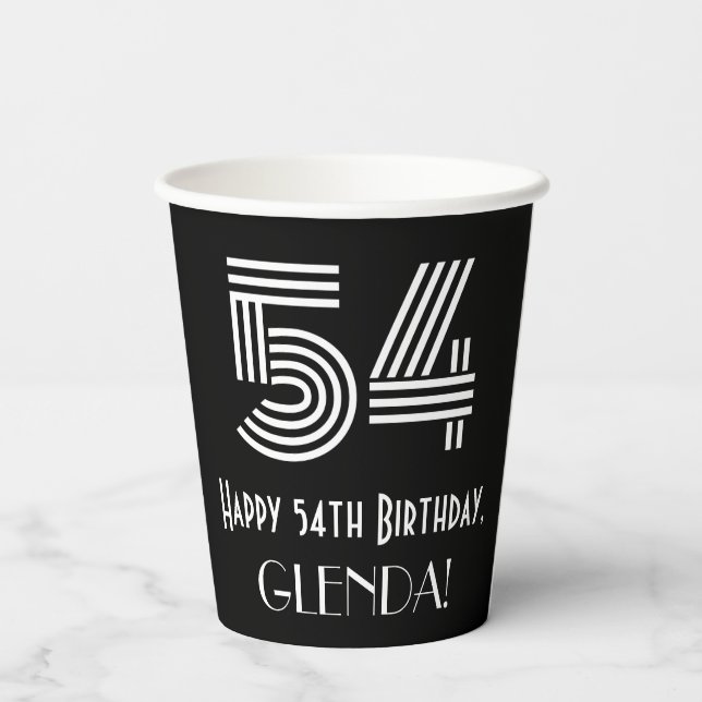 54th Birthday — Art Deco Inspired Look “54” + Name Paper Cups (Back)