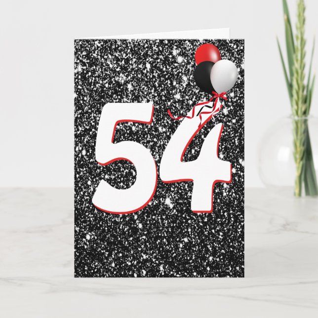 54th Birthday Balloons on Black Glitter  Card (Front)